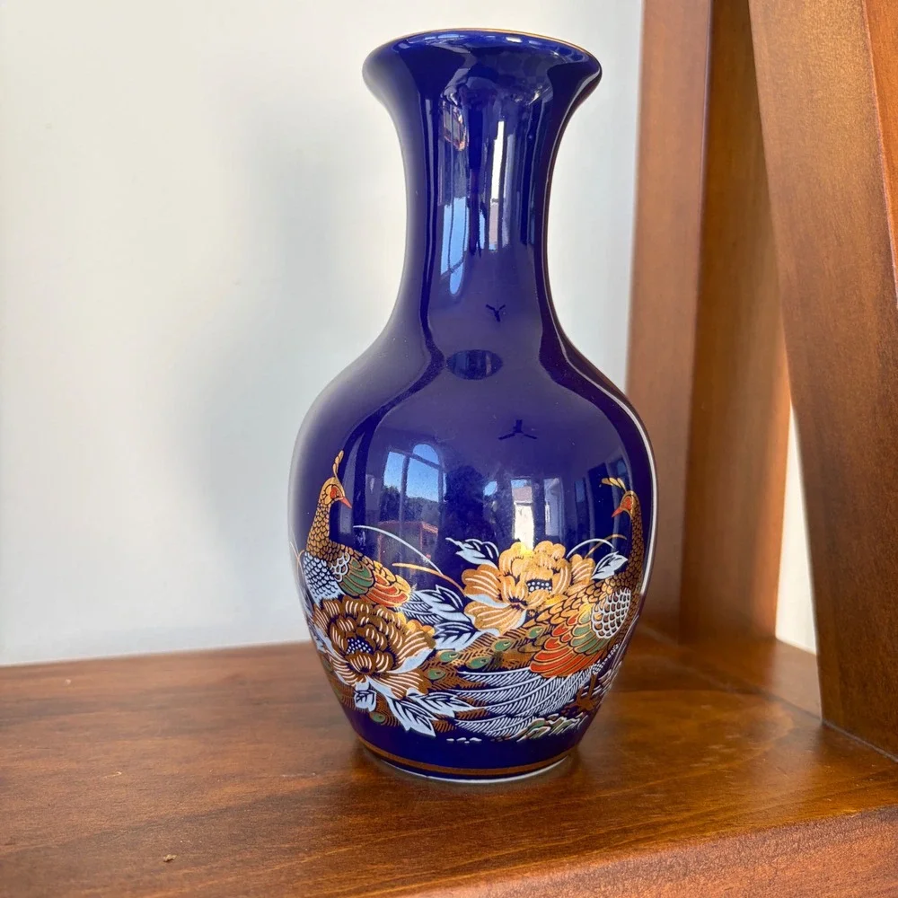 Cobalt Blue Porcelain Peacock Floral Bud Vase with Gold Trim 6.25